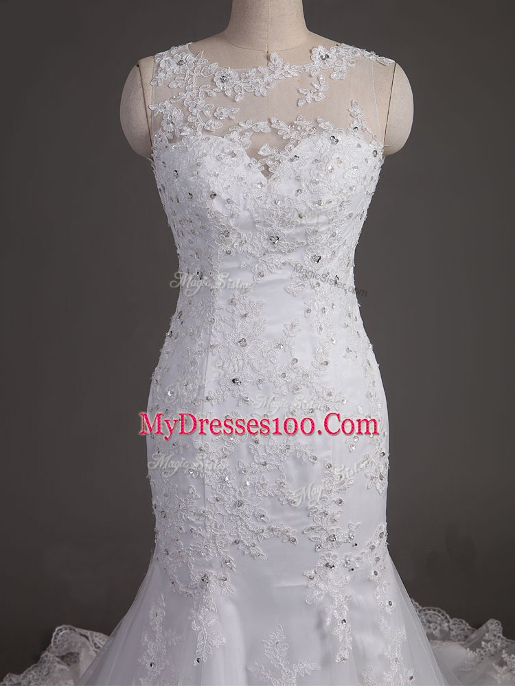 Captivating Sleeveless Brush Train Backless Lace Wedding Gown