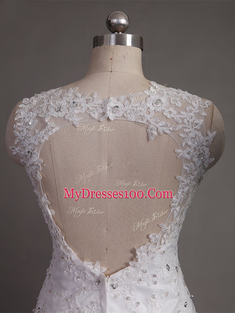 Captivating Sleeveless Brush Train Backless Lace Wedding Gown
