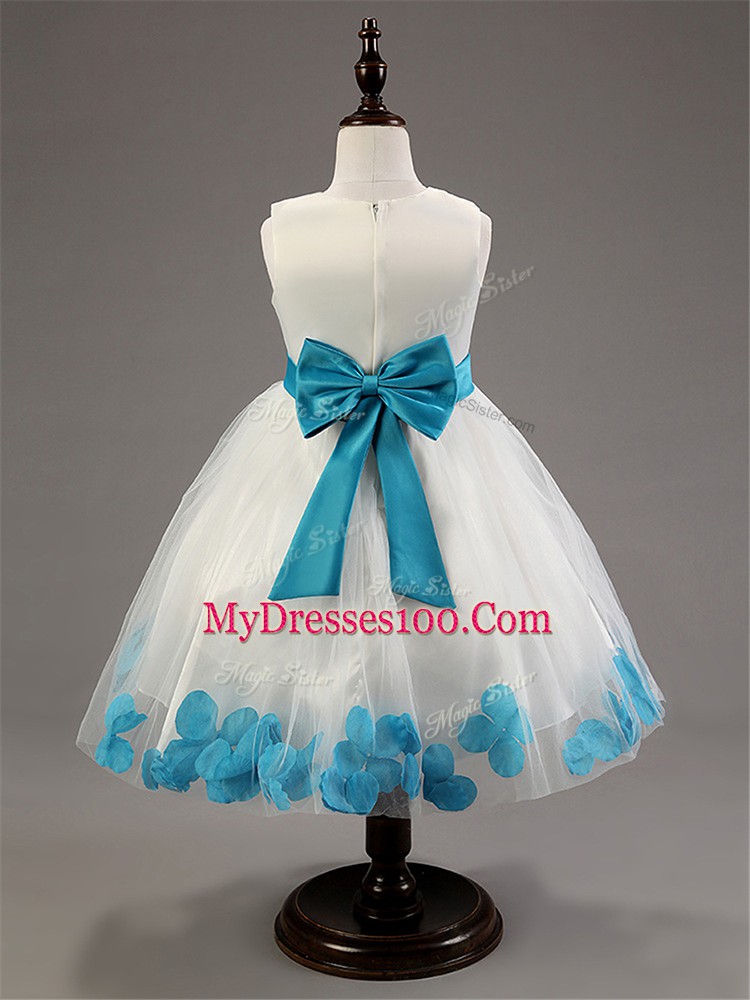 Customized Knee Length White Kids Formal Wear Scoop Sleeveless Zipper