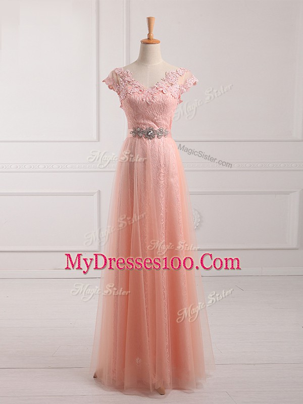 New Arrival Floor Length Empire Short Sleeves Peach Mother Of The Bride Dress Lace Up
