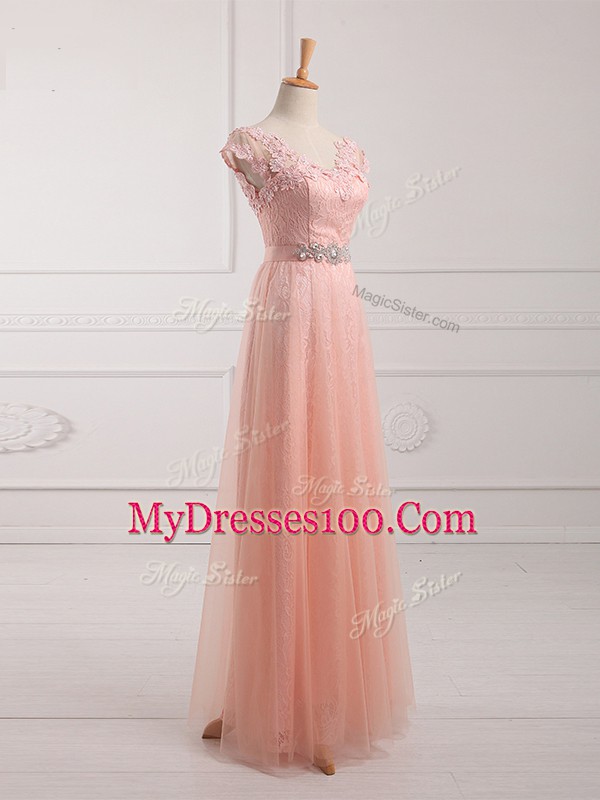 New Arrival Floor Length Empire Short Sleeves Peach Mother Of The Bride Dress Lace Up