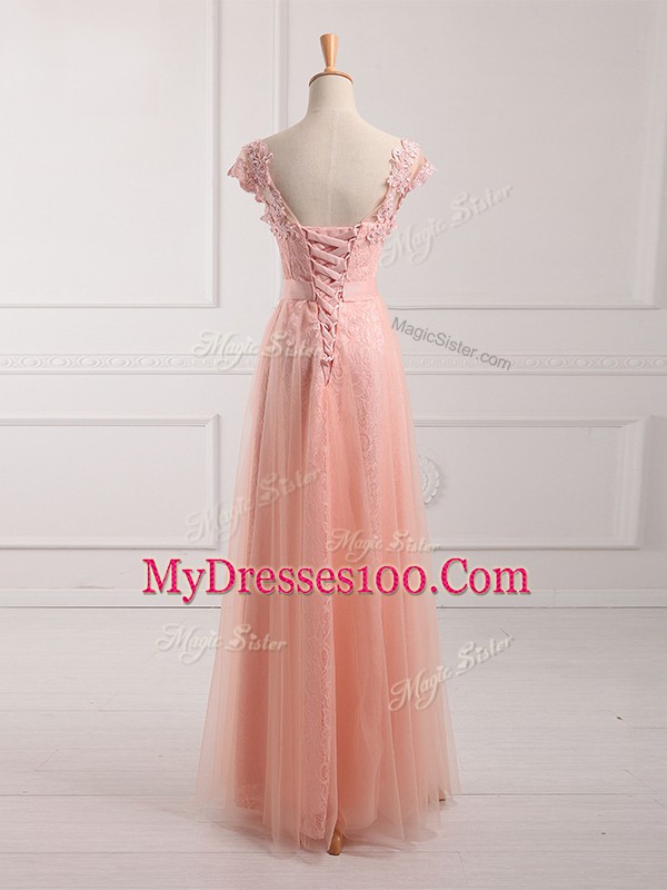 New Arrival Floor Length Empire Short Sleeves Peach Mother Of The Bride Dress Lace Up