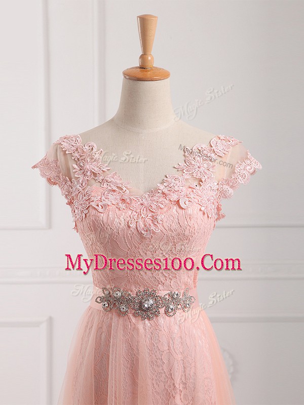 New Arrival Floor Length Empire Short Sleeves Peach Mother Of The Bride Dress Lace Up