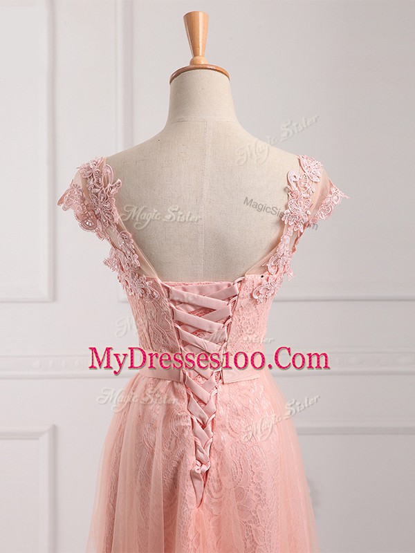 New Arrival Floor Length Empire Short Sleeves Peach Mother Of The Bride Dress Lace Up
