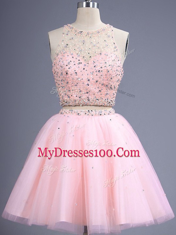 Knee Length Lace Up Bridesmaid Dresses Baby Pink for Prom and Party and Wedding Party with Beading