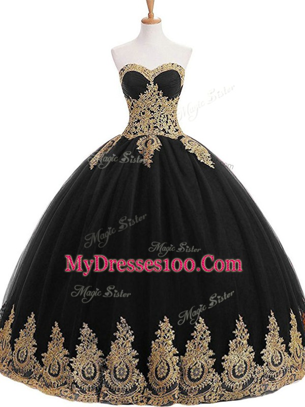 Custom Made Sleeveless Tulle Floor Length Lace Up Quinceanera Dresses in Black with Appliques