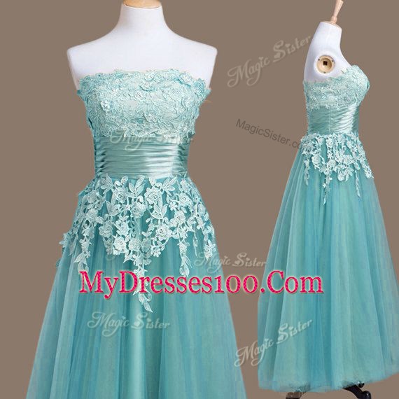 Flare Tulle Strapless Sleeveless Lace Up Appliques Bridesmaid Dresses in Light Blue