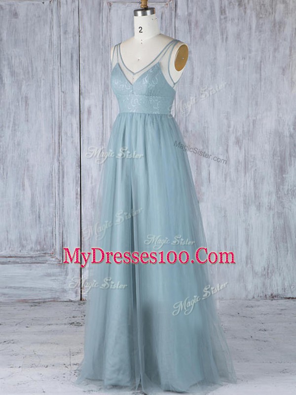 Grey Zipper Bridesmaid Gown Lace Sleeveless Floor Length