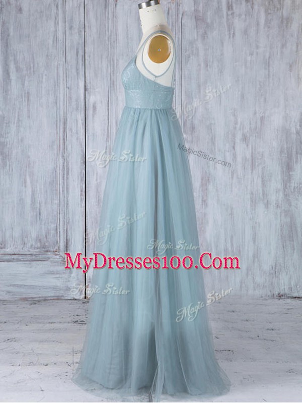 Grey Zipper Bridesmaid Gown Lace Sleeveless Floor Length