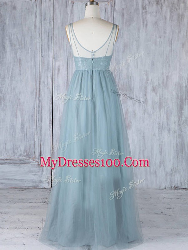Grey Zipper Bridesmaid Gown Lace Sleeveless Floor Length