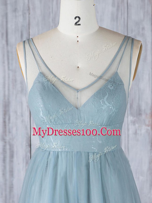 Grey Zipper Bridesmaid Gown Lace Sleeveless Floor Length