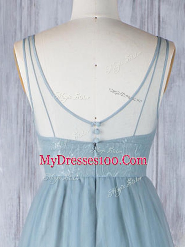 Grey Zipper Bridesmaid Gown Lace Sleeveless Floor Length
