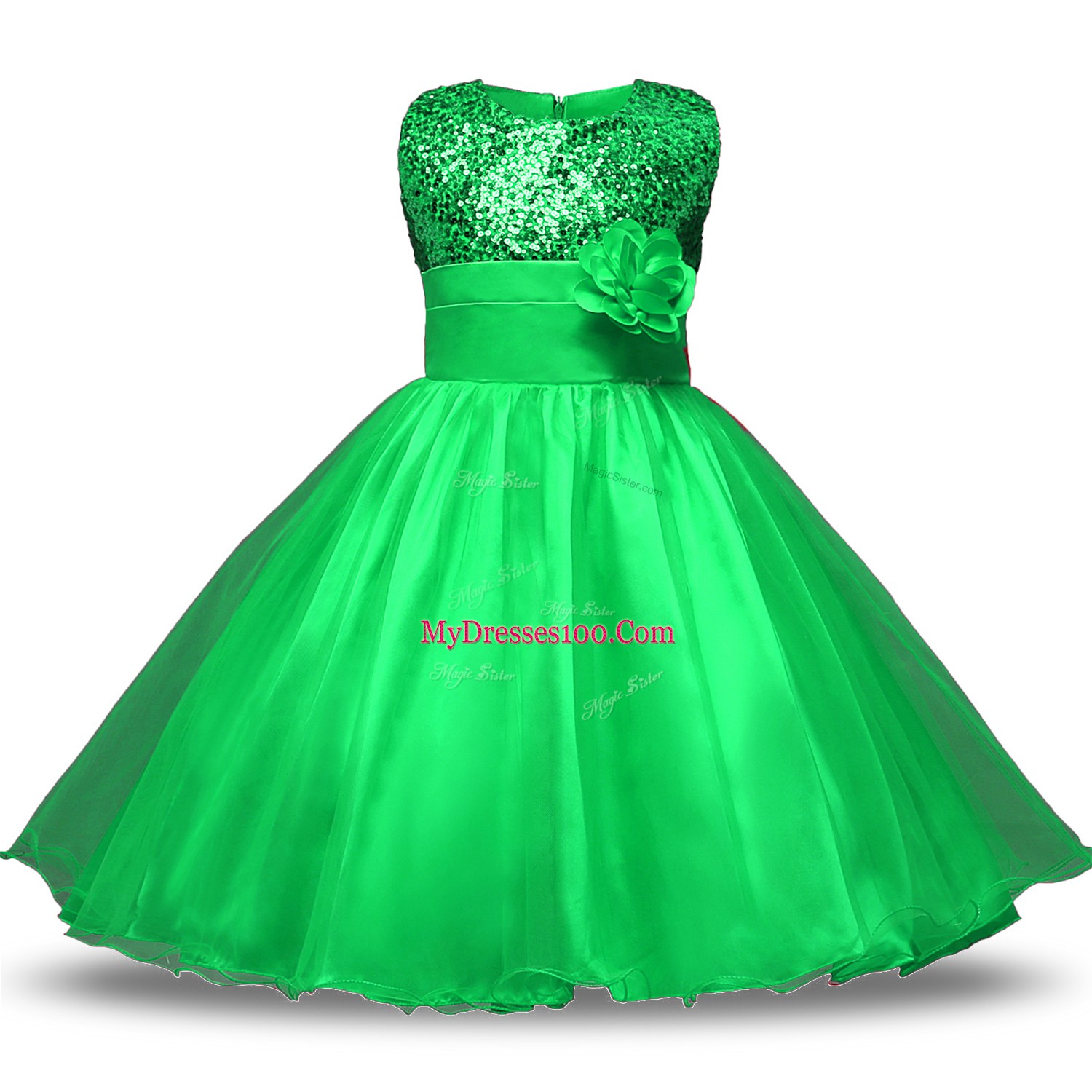 Hot Selling Green Scoop Neckline Belt and Hand Made Flower Flower Girl Dresses for Less Sleeveless Zipper