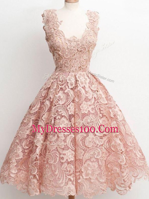 Smart Peach Sleeveless Lace Knee Length Dama Dress for Quinceanera