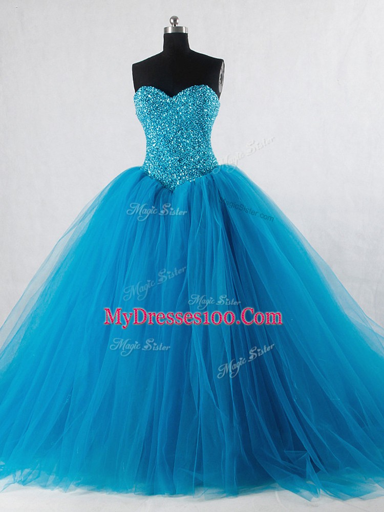 Shining Sweetheart Sleeveless Sweet 16 Quinceanera Dress Floor Length Beading Baby Blue Tulle