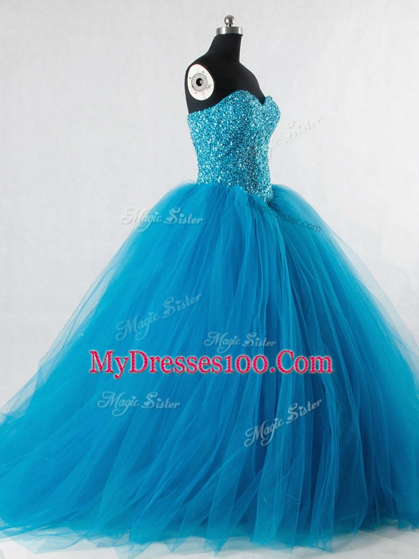 Shining Sweetheart Sleeveless Sweet 16 Quinceanera Dress Floor Length Beading Baby Blue Tulle