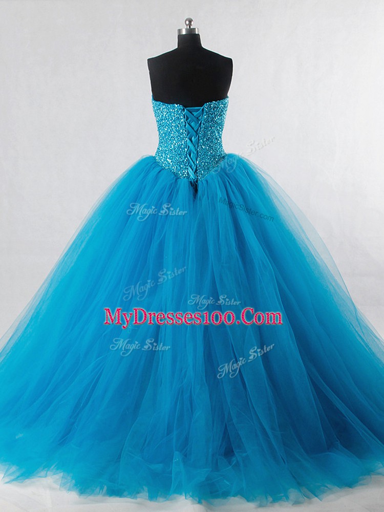 Shining Sweetheart Sleeveless Sweet 16 Quinceanera Dress Floor Length Beading Baby Blue Tulle