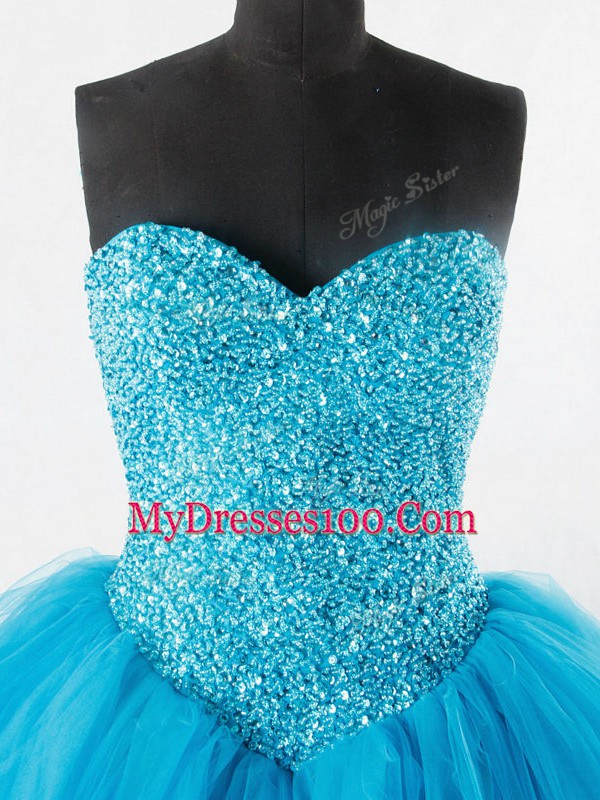 Shining Sweetheart Sleeveless Sweet 16 Quinceanera Dress Floor Length Beading Baby Blue Tulle