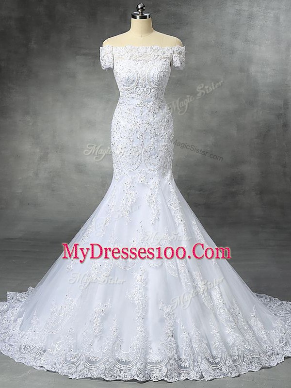 Custom Designed White Mermaid Off The Shoulder Sleeveless Lace Brush Train Zipper Beading and Lace and Appliques Wedding Gowns