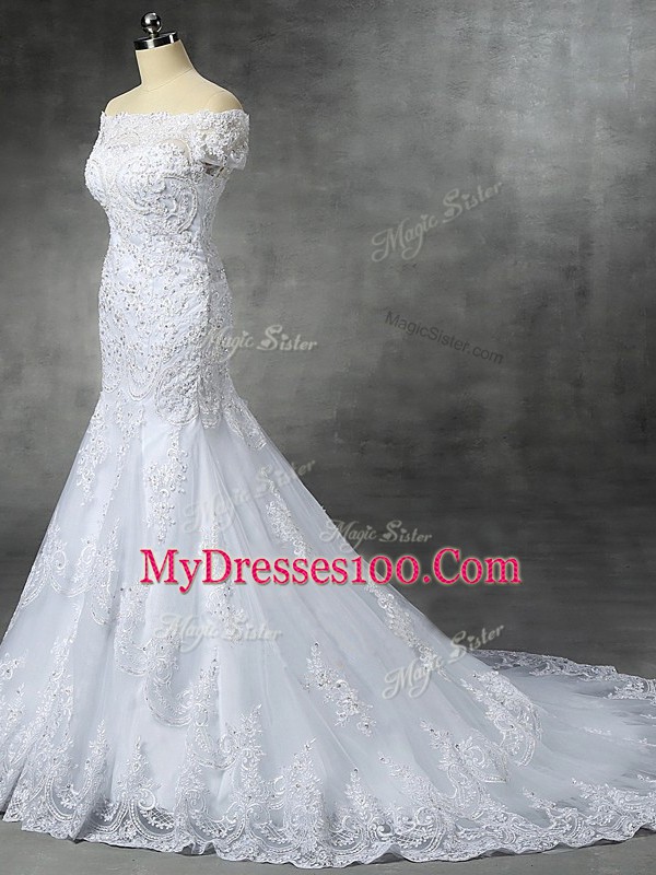 Custom Designed White Mermaid Off The Shoulder Sleeveless Lace Brush Train Zipper Beading and Lace and Appliques Wedding Gowns