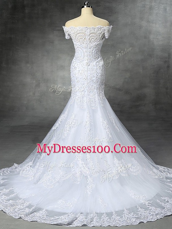 Custom Designed White Mermaid Off The Shoulder Sleeveless Lace Brush Train Zipper Beading and Lace and Appliques Wedding Gowns