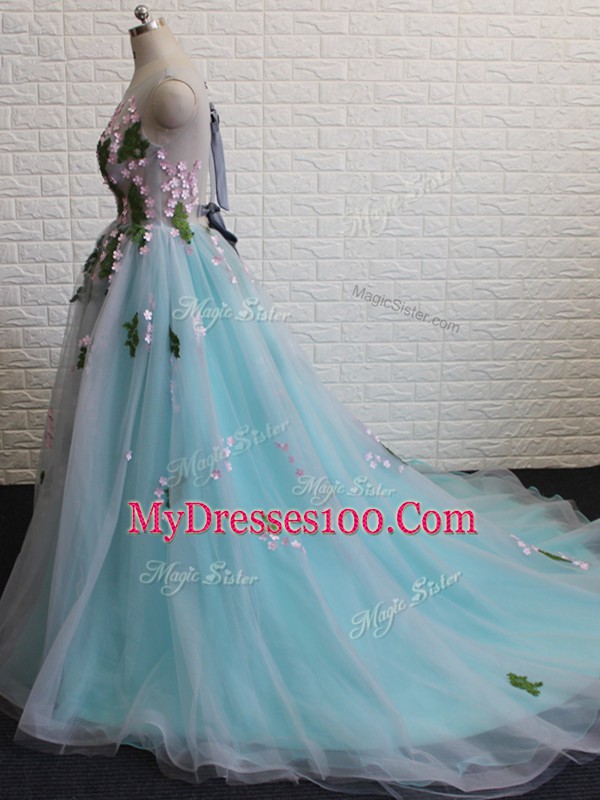 Scoop Sleeveless Brush Train Backless Aqua Blue Tulle