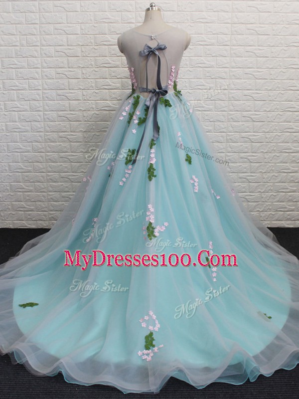 Scoop Sleeveless Brush Train Backless Aqua Blue Tulle