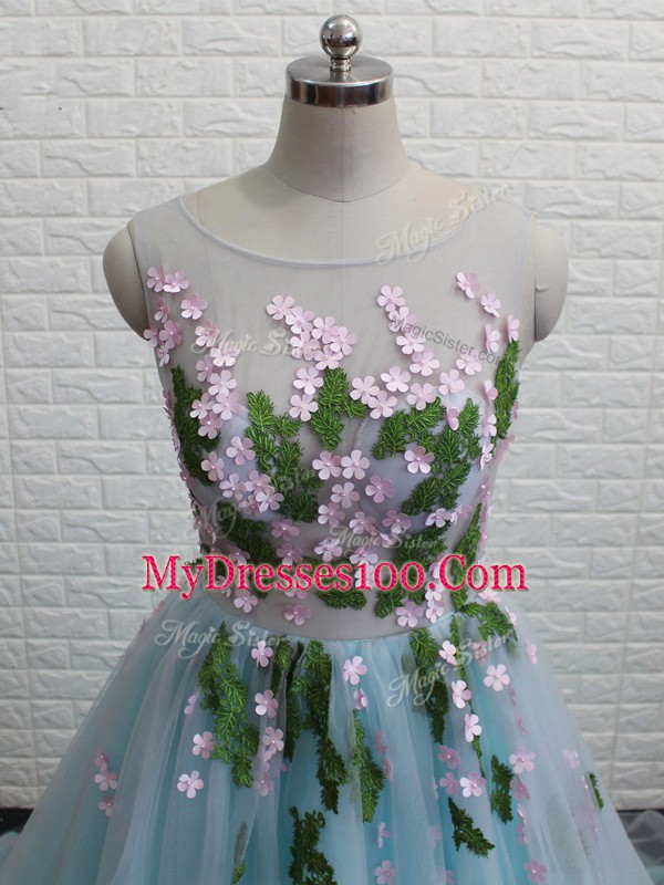 Scoop Sleeveless Brush Train Backless Aqua Blue Tulle