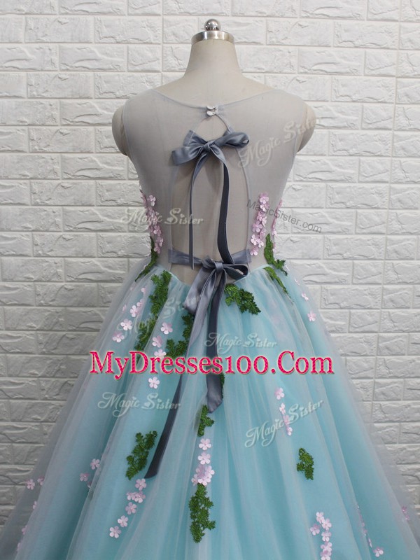 Scoop Sleeveless Brush Train Backless Aqua Blue Tulle