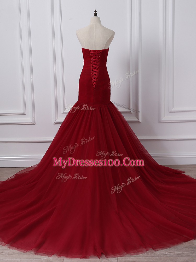 Edgy Wine Red Sleeveless Tulle Court Train Lace Up Evening Dress for Prom and Party and Military Ball and Wedding Party