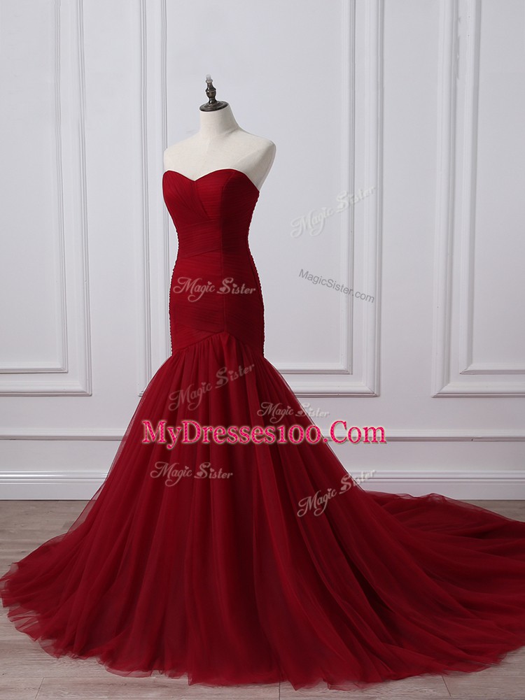 Edgy Wine Red Sleeveless Tulle Court Train Lace Up Evening Dress for Prom and Party and Military Ball and Wedding Party