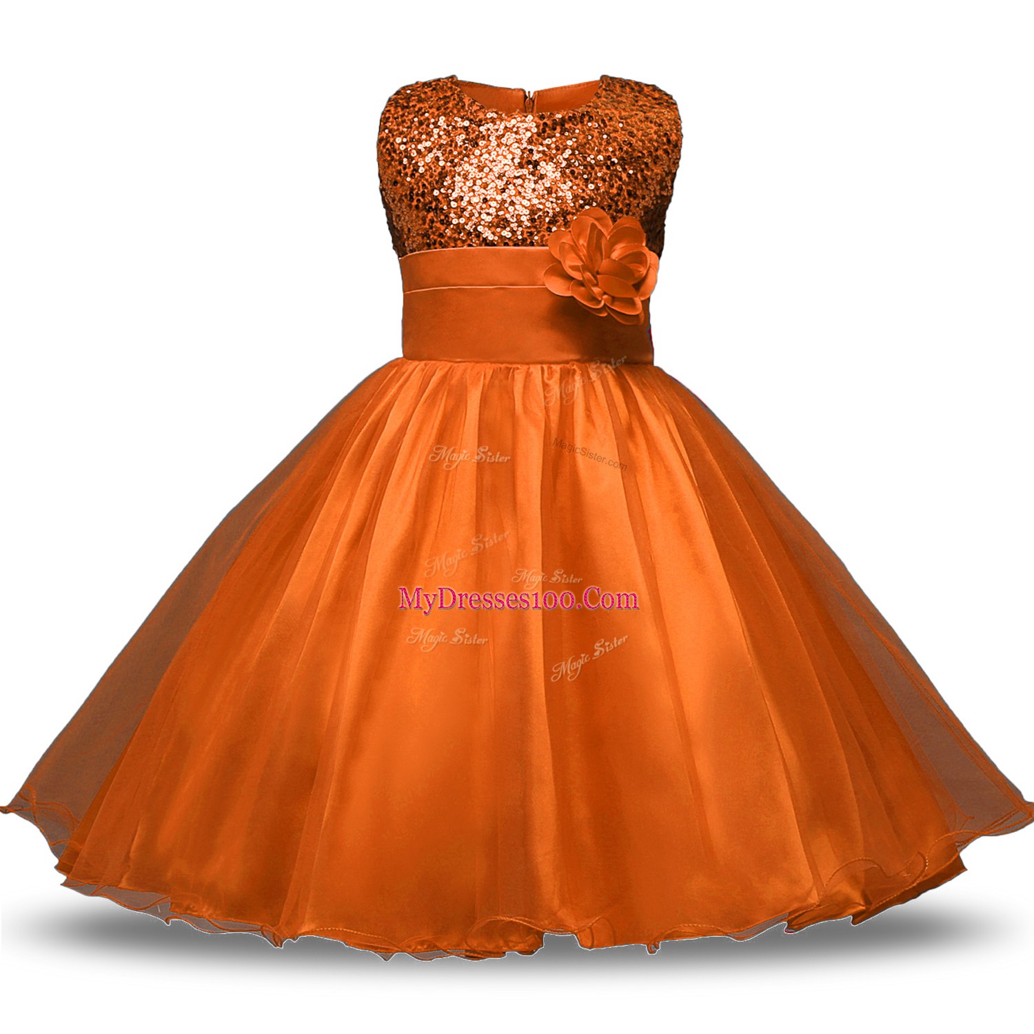 Rust Red Scoop Zipper Belt and Hand Made Flower Flower Girl Dress Sleeveless