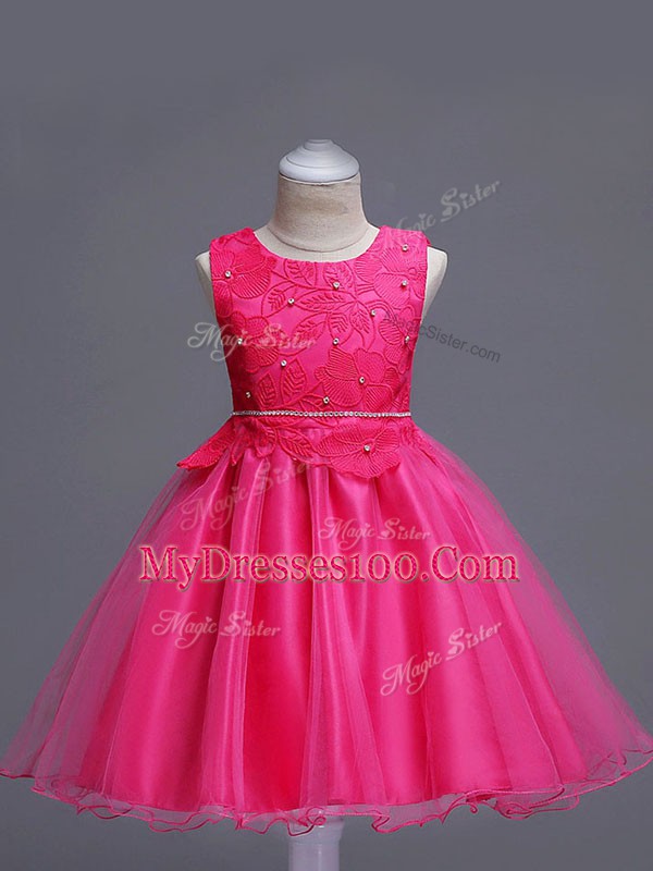 Hot Pink Organza Zipper Child Pageant Dress Sleeveless Knee Length Lace