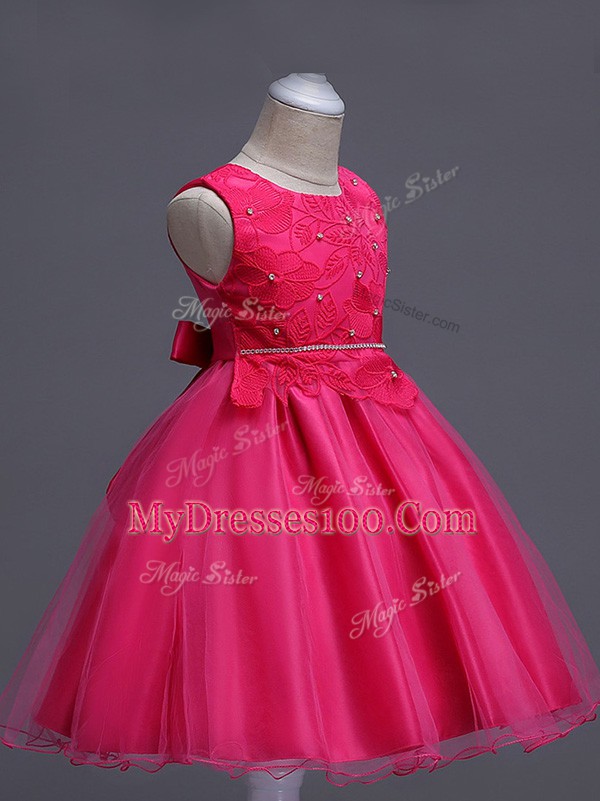 Hot Pink Organza Zipper Child Pageant Dress Sleeveless Knee Length Lace