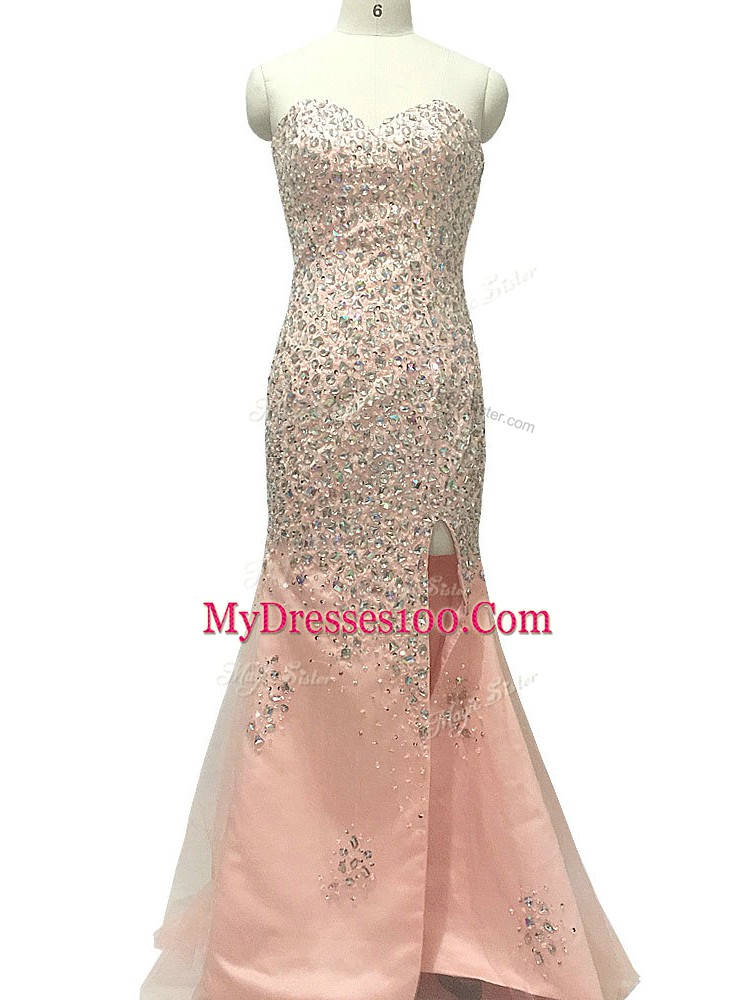 Eye-catching Peach Zipper Dress for Prom Beading Sleeveless Sweep Train