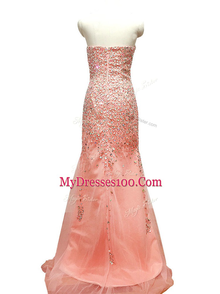 Eye-catching Peach Zipper Dress for Prom Beading Sleeveless Sweep Train