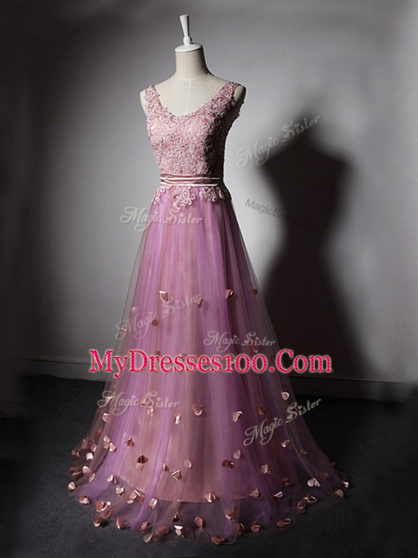 Affordable Sleeveless Sweep Train Lace Up Beading and Lace and Appliques and Hand Made Flower Prom Evening Gown