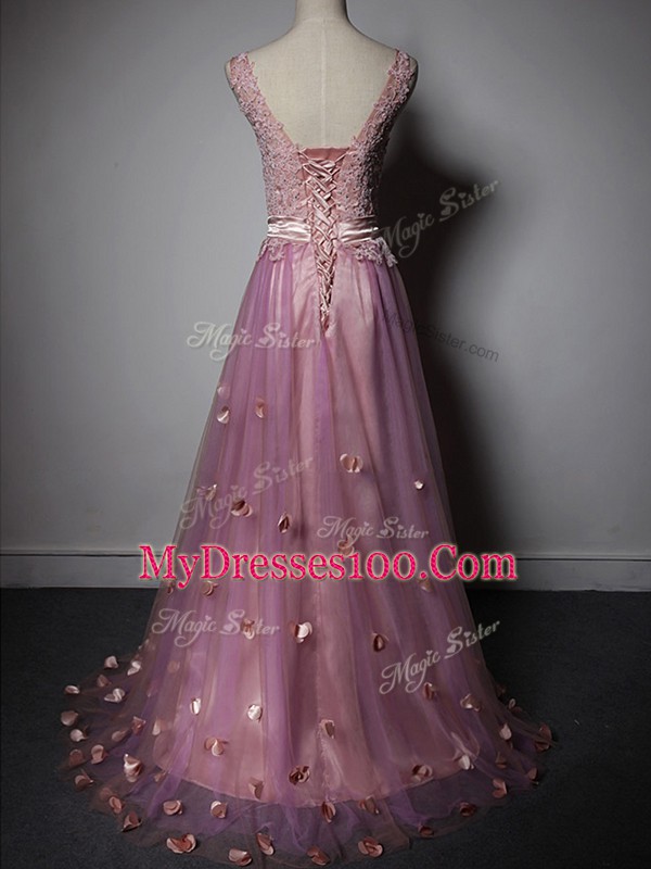 Affordable Sleeveless Sweep Train Lace Up Beading and Lace and Appliques and Hand Made Flower Prom Evening Gown