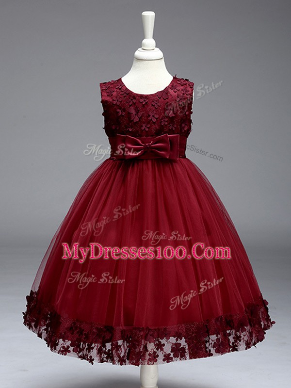 Knee Length A-line Sleeveless Burgundy Flower Girl Dresses Zipper