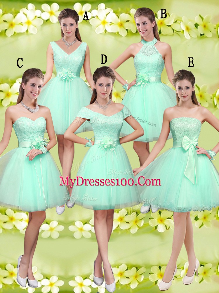 Great Sleeveless Tulle Knee Length Lace Up Bridesmaid Gown in Apple Green with Lace and Belt