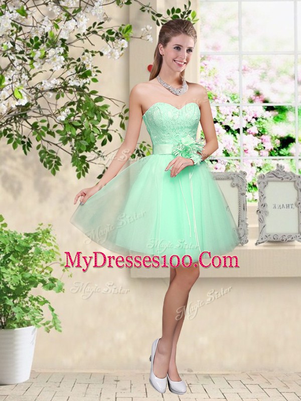 Great Sleeveless Tulle Knee Length Lace Up Bridesmaid Gown in Apple Green with Lace and Belt