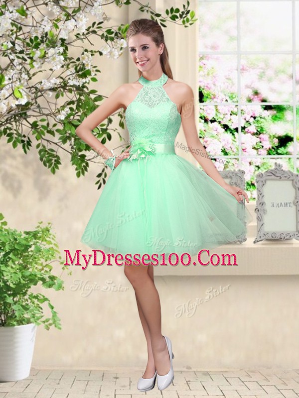 Great Sleeveless Tulle Knee Length Lace Up Bridesmaid Gown in Apple Green with Lace and Belt