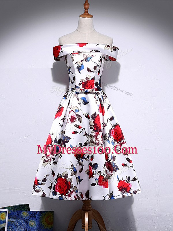 Hot Selling A-line Prom Party Dress Multi-color Off The Shoulder Printed Sleeveless Knee Length Lace Up