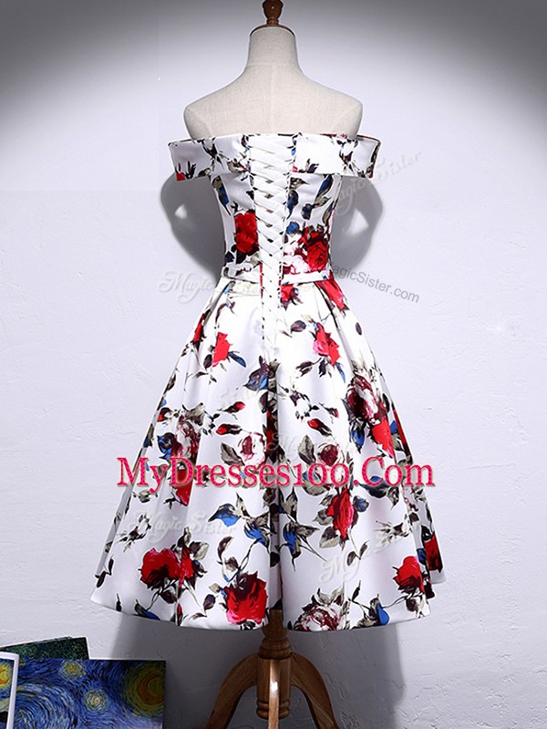 Hot Selling A-line Prom Party Dress Multi-color Off The Shoulder Printed Sleeveless Knee Length Lace Up
