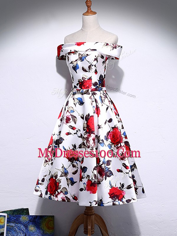 Hot Selling A-line Prom Party Dress Multi-color Off The Shoulder Printed Sleeveless Knee Length Lace Up