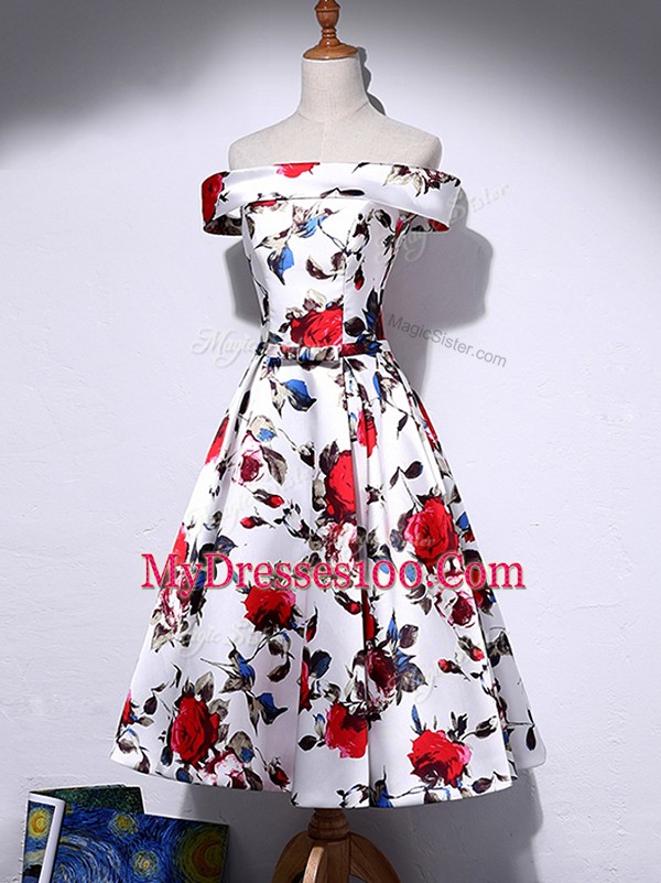 Hot Selling A-line Prom Party Dress Multi-color Off The Shoulder Printed Sleeveless Knee Length Lace Up