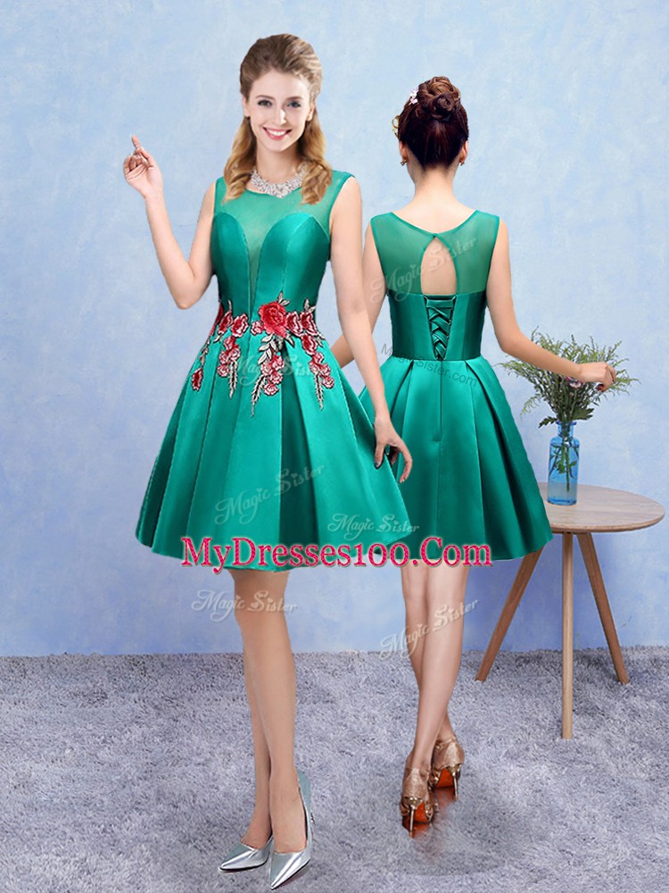 Scoop Sleeveless Lace Up Dama Dress Turquoise Taffeta