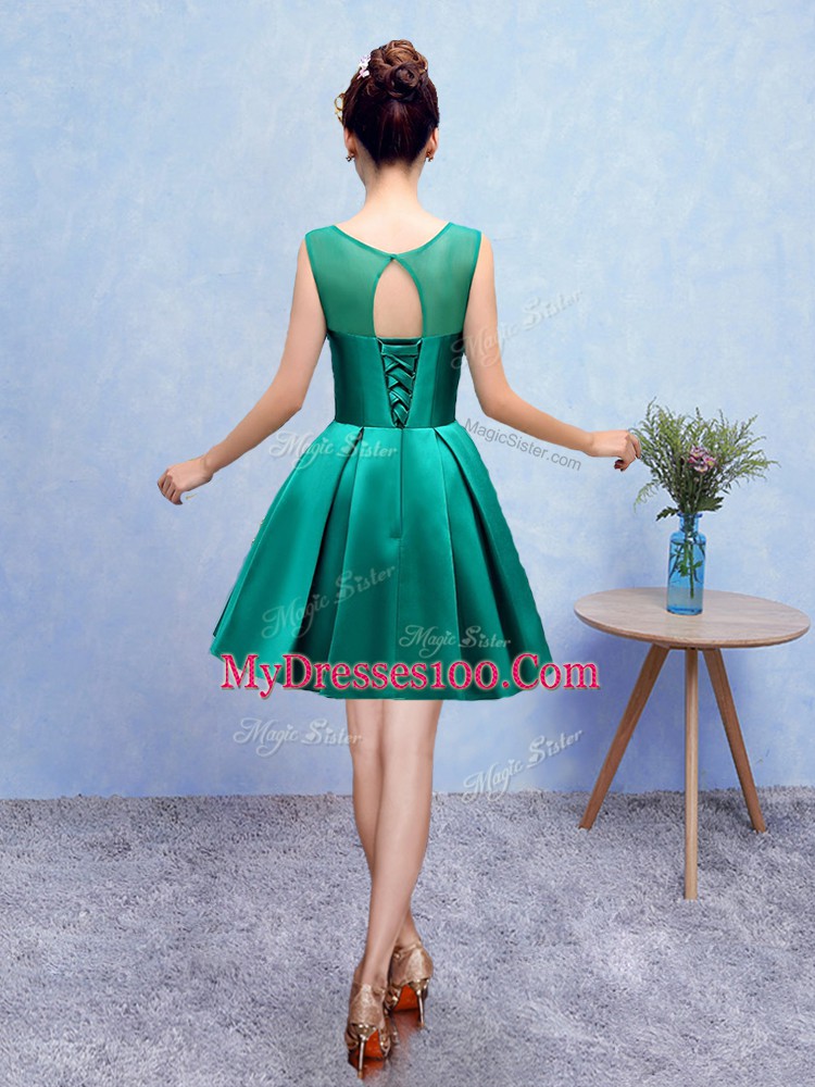 Scoop Sleeveless Lace Up Dama Dress Turquoise Taffeta