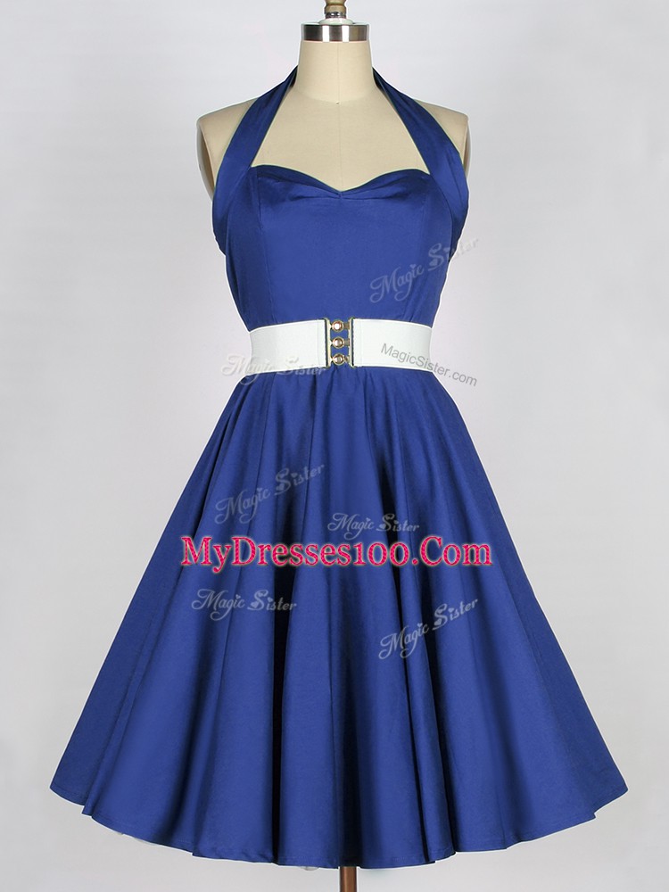 Sleeveless Taffeta Knee Length Lace Up Quinceanera Court of Honor Dress in Blue with Belt