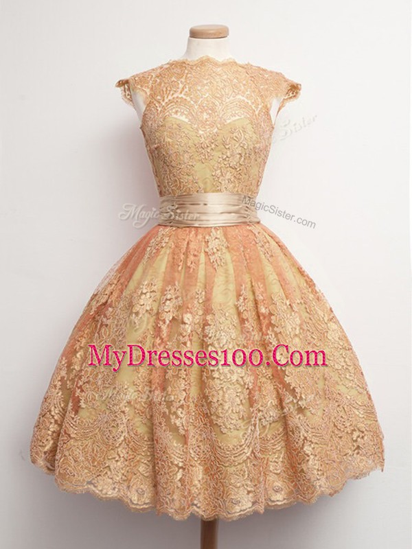 Latest High-neck Cap Sleeves Lace Dama Dress for Quinceanera Belt Lace Up